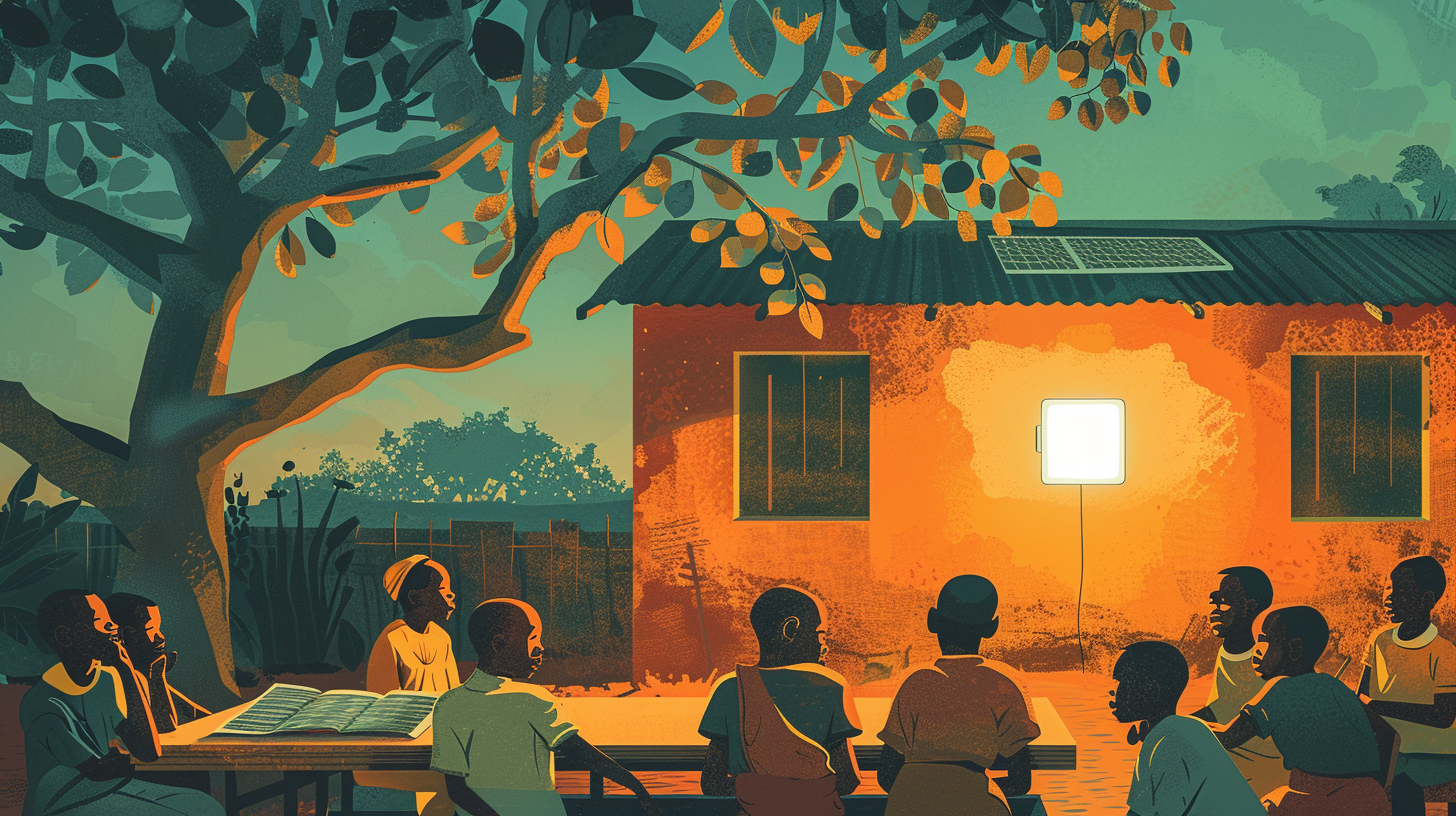 Children studying under a solar lantern in a rural community